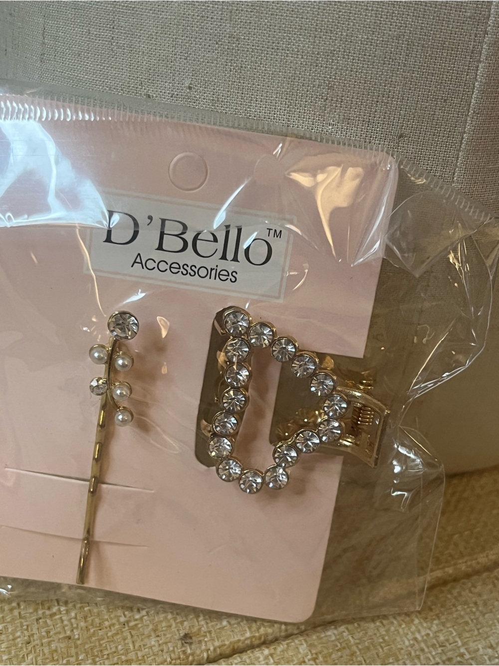 D’Bello Rhinestone Hair Clip & Pearl Rhinestone Bobby Pin Set Gold Tone NWT